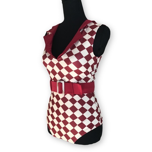 Retro Stage One Piece Diamond Burgundy Swimsuit - Picture 2 of 10
